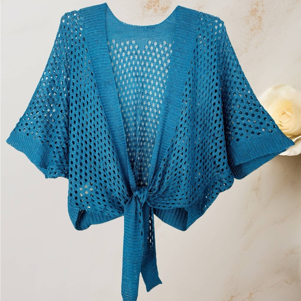Blue Open-Knit Shrug with Flutter Sleeves
